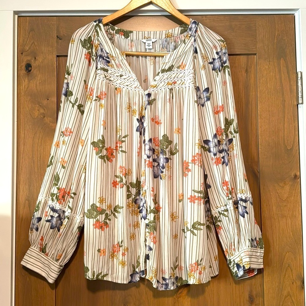 Sonoma button down Peasant top blouse Womens 2X Floral crinkle long sleeve Boho